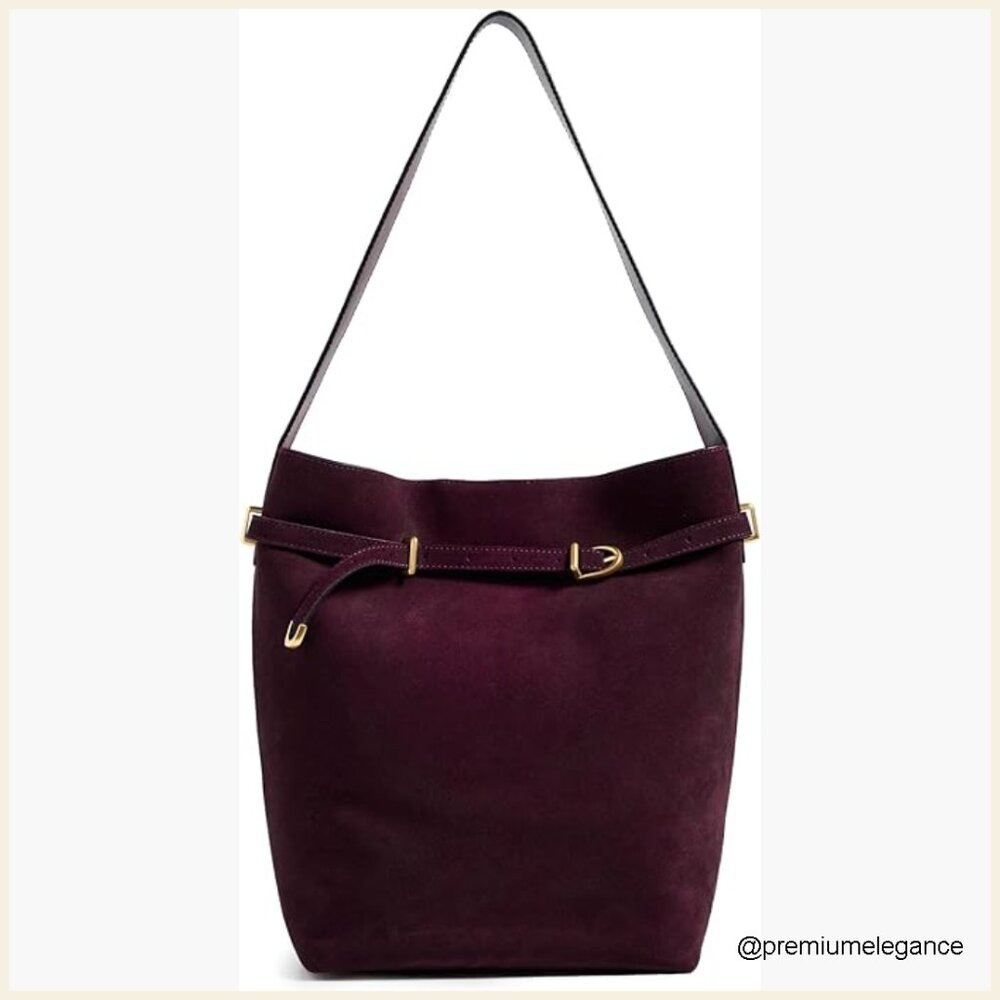 Suede Belted Bucket Tote With Shoulder Straps, Gold Hardware
